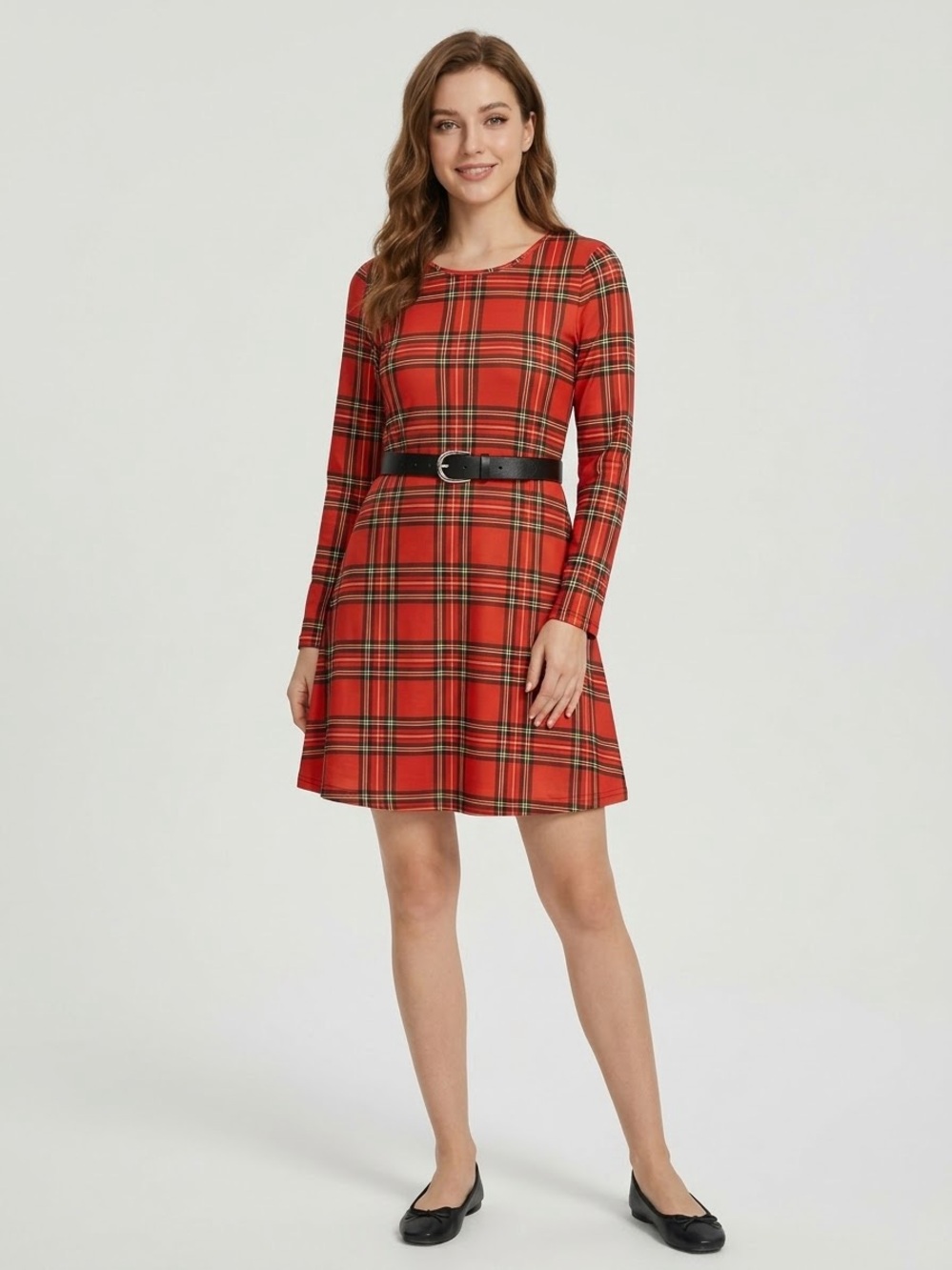 Red Plaid Long Sleeve A-Line Swing Mini Dress (M/L)